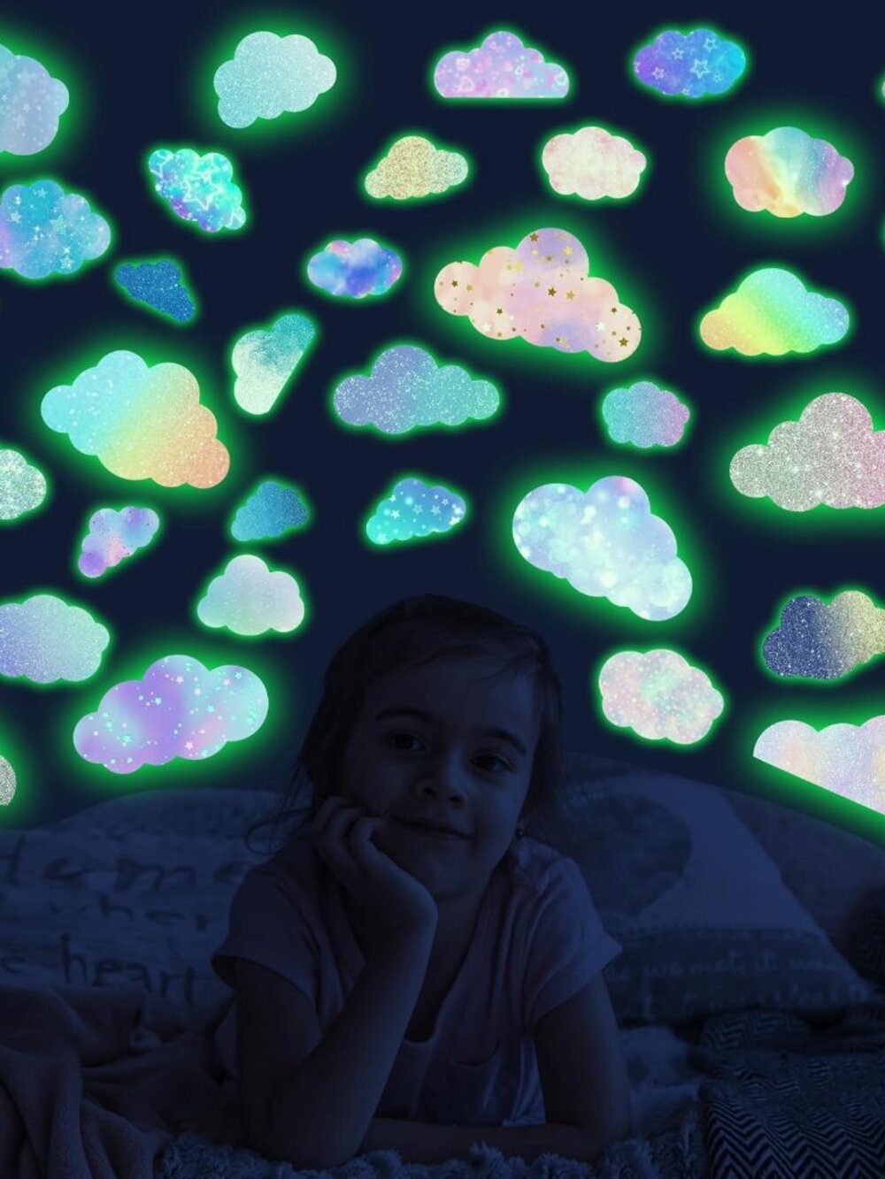 Glow in The Dark Colorful Clouds Wall Stickers, Holographic Rainbow Cloud Wall S